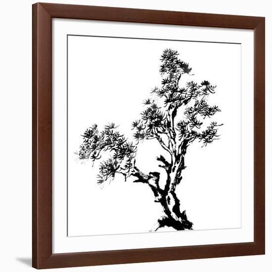 Chinese Traditional Ink Painting, Pine Tree On White Background-elwynn-Framed Art Print