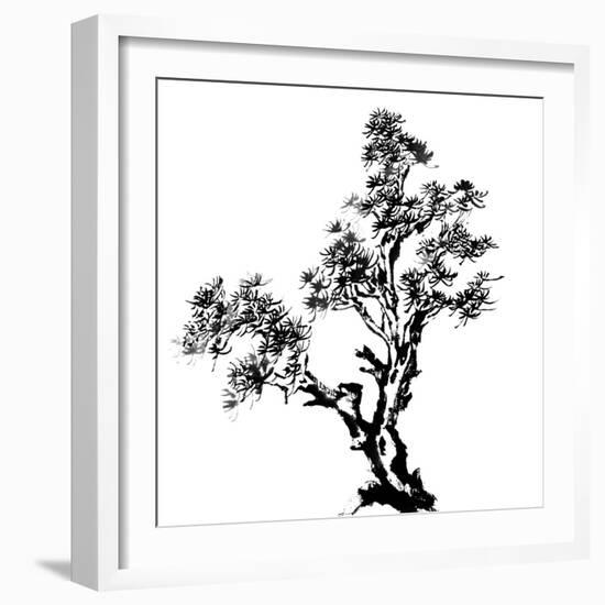 Chinese Traditional Ink Painting, Pine Tree On White Background-elwynn-Framed Art Print