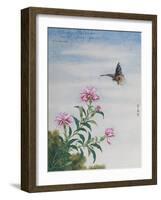 Chinese Watercolor of a Moth and Pink Carnations-null-Framed Giclee Print