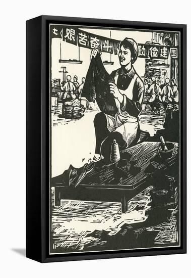 Chinese Worker Cutting Cloth-null-Framed Stretched Canvas