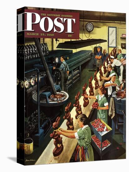 "Chocolate Easter Bunnies" Saturday Evening Post Cover, March 25, 1950-Stevan Dohanos-Stretched Canvas