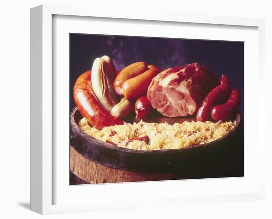 Choucroute Garni Meal of Sauerkraut: Kielbasa, Veal Sausage, Knackwurst, Pork Butt and Bratwurst-John Dominis-Framed Photographic Print