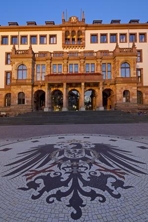 Europe, Germany, Hesse, Wiesbaden, Stone Mosaic Kaiseradlerwappen Infront of Townhall Stairs