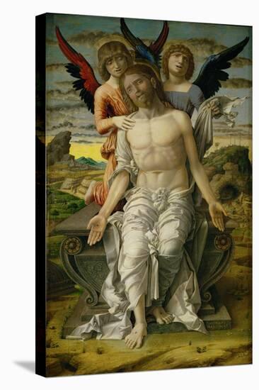 Christ as the Suffering Redeemer, seated on a sarcophagus, supported by two angels. 1490-Andrea Mantegna-Stretched Canvas