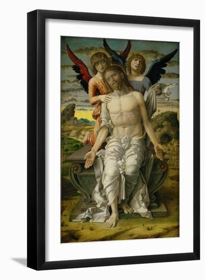 Christ as the Suffering Redeemer, seated on a sarcophagus, supported by two angels. 1490-Andrea Mantegna-Framed Giclee Print