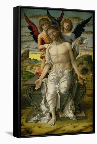 Christ as the Suffering Redeemer, seated on a sarcophagus, supported by two angels. 1490-Andrea Mantegna-Framed Stretched Canvas