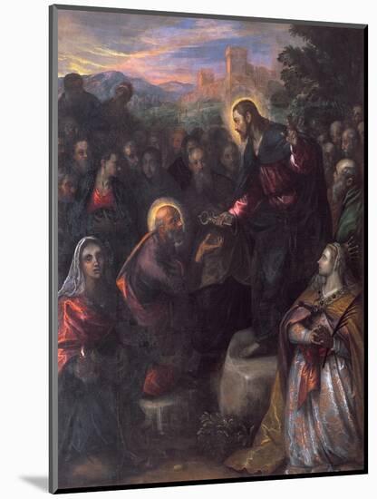 Christ Delivering the Keys to St. Peter with St. Jacinta and St. Justina of Padua-Domenico Tintoretto-Mounted Premium Giclee Print