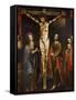 Christ on the Cross, the Virgin and St John Painting on Wood, School of Cuzco, Peru-null-Framed Stretched Canvas