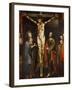 Christ on the Cross, the Virgin and St John Painting on Wood, School of Cuzco, Peru-null-Framed Giclee Print