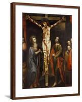 Christ on the Cross, the Virgin and St John Painting on Wood, School of Cuzco, Peru-null-Framed Giclee Print