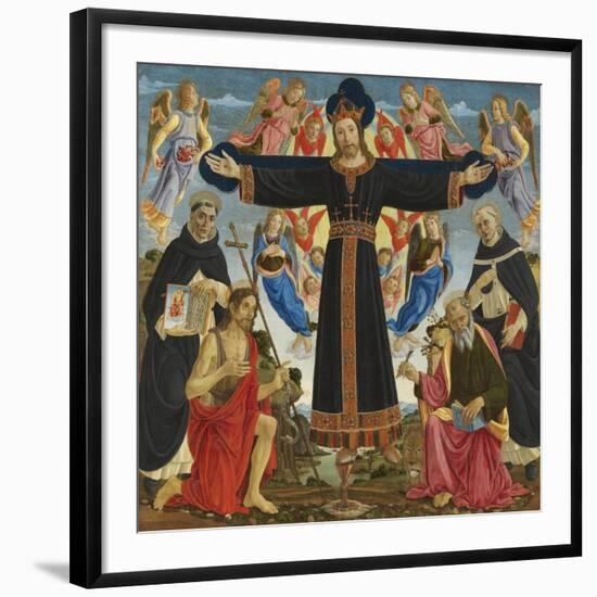 Christ on the Cross with Saints Vincent Ferre, John the Baptist, Mark and Antonius, c.1491-5-Master of the Fiesole Epiphany-Framed Giclee Print