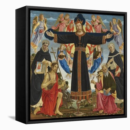 Christ on the Cross with Saints Vincent Ferre, John the Baptist, Mark and Antonius, c.1491-5-Master of the Fiesole Epiphany-Framed Stretched Canvas