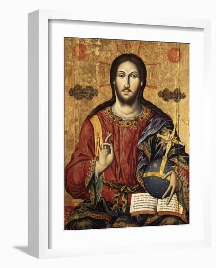 Christ Pantocrator Holding Orbe and Blessing-Mihal Anagnosti-Framed Art Print