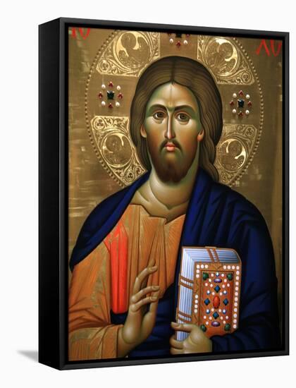 Christ Pantocrator Icon at Aghiou Pavlou Monastery on MountAthos-Julian Kumar-Framed Stretched Canvas