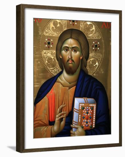 Christ Pantocrator Icon at Aghiou Pavlou Monastery on MountAthos-Julian Kumar-Framed Photographic Print