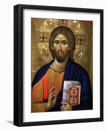 Christ Pantocrator Icon at Aghiou Pavlou Monastery on MountAthos-Julian Kumar-Framed Photographic Print