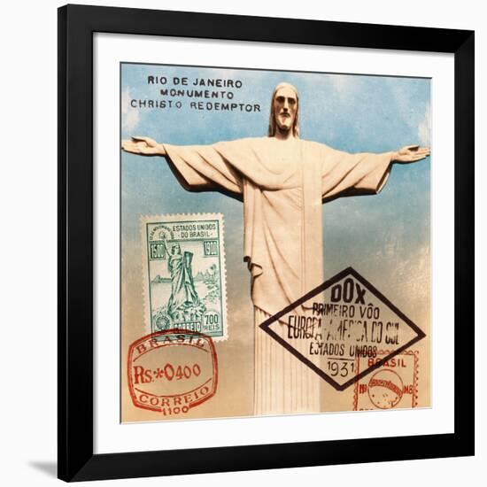 "Christ the Redeemer" Brazil Vintage Postcard Collage-Piddix-Framed Art Print