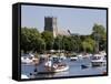 Christchurch Priory and Pleasure Boats on the River Stour, Dorset, England, United Kingdom, Europe-Roy Rainford-Framed Stretched Canvas