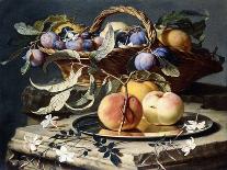 Peaches and Plums in a Wicker Basket, Peaches on a Silver Dish and Narcissi on Stone Plinths-Christian Berentz-Giclee Print