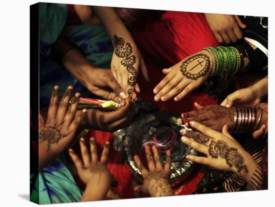 Christian Girls Paint their Hands with Henna Paste in Preperation for Easter Holiday in Pakistan-null-Stretched Canvas