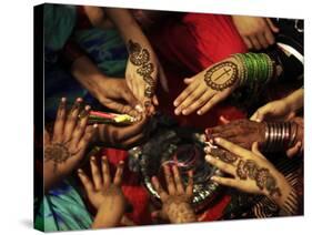 Christian Girls Paint their Hands with Henna Paste in Preperation for Easter Holiday in Pakistan-null-Stretched Canvas