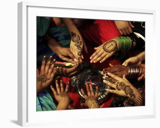 Christian Girls Paint their Hands with Henna Paste in Preperation for Easter Holiday in Pakistan-null-Framed Photographic Print