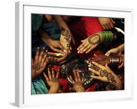 Christian Girls Paint their Hands with Henna Paste in Preperation for Easter Holiday in Pakistan-null-Framed Photographic Print