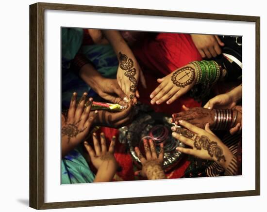 Christian Girls Paint their Hands with Henna Paste in Preperation for Easter Holiday in Pakistan-null-Framed Photographic Print