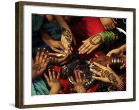 Christian Girls Paint their Hands with Henna Paste in Preperation for Easter Holiday in Pakistan-null-Framed Photographic Print