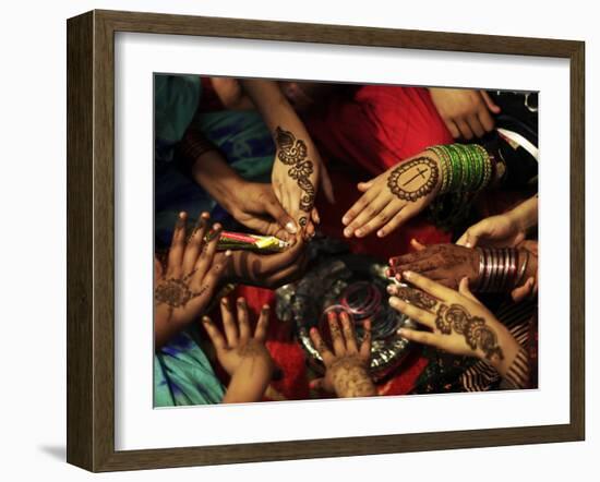 Christian Girls Paint their Hands with Henna Paste in Preperation for Easter Holiday in Pakistan-null-Framed Photographic Print