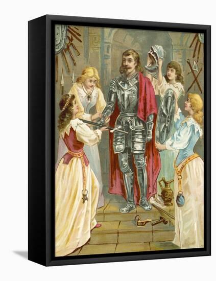 Christian in the Armoury Receiving His Weapons from Discretion, Piety, Charity and Prudence-English School-Framed Stretched Canvas