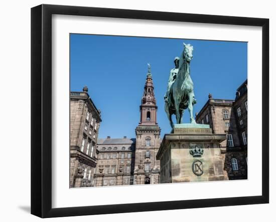 Christiansborgs Palace, home of the Danish Parliament, with statue of King Frederik VII, Copenhagen-Jean Brooks-Framed Photographic Print