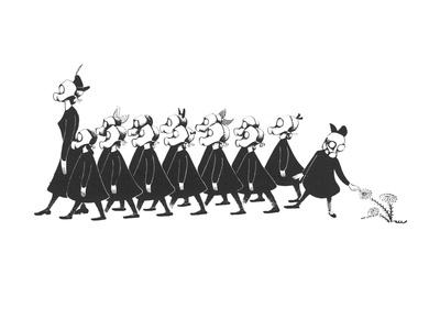 Line of school girls in black wearing gas masks. One stops to touch a flow - New Yorker Cartoon