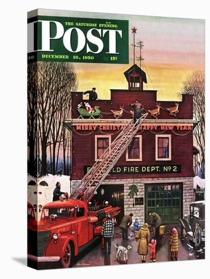 "Christmas at the Fire Station" Saturday Evening Post Cover, December 16, 1950-Stevan Dohanos-Stretched Canvas