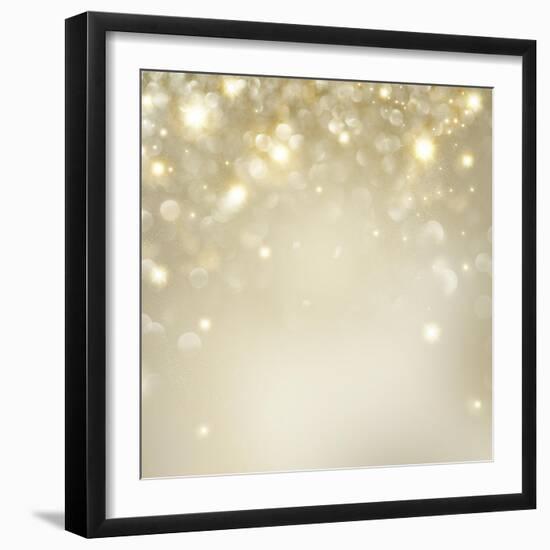 Christmas Background: Golden Holiday Abstract Glitter Defocused Background with Blinking Stars-Subbotina Anna-Framed Art Print