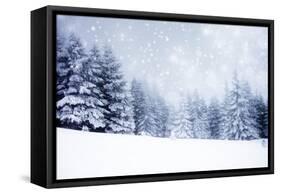 Christmas Background with Snowy Fir Trees-melis-Framed Stretched Canvas