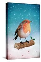 Christmas Card or Illustration with Robin and Holly-Larissa Kulik-Stretched Canvas
