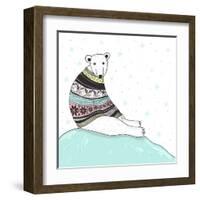 Christmas Card With Cute Polar Bear. Bear With Fair Isle Style Sweater-cherry blossom girl-Framed Art Print