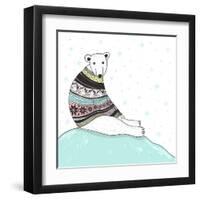 Christmas Card With Cute Polar Bear. Bear With Fair Isle Style Sweater-cherry blossom girl-Framed Art Print