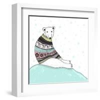 Christmas Card With Cute Polar Bear. Bear With Fair Isle Style Sweater-cherry blossom girl-Framed Art Print