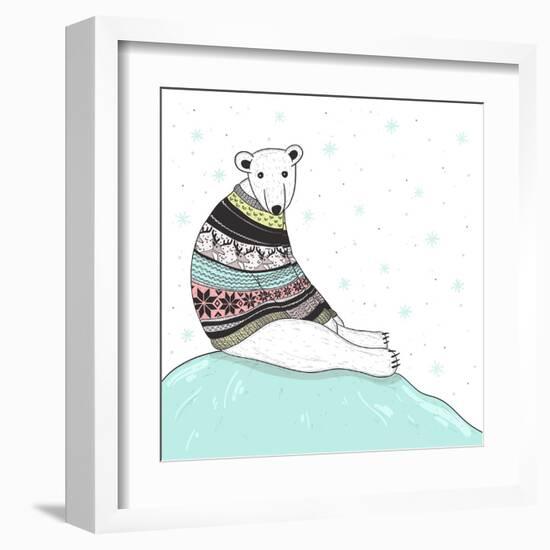 Christmas Card With Cute Polar Bear. Bear With Fair Isle Style Sweater-cherry blossom girl-Framed Art Print