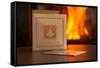 Christmas cards, fireplace with fire on background-Paivi Vikstrom-Framed Stretched Canvas