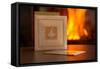 Christmas cards, fireplace with fire on background-Paivi Vikstrom-Framed Stretched Canvas