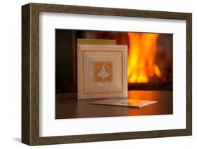 Christmas cards, fireplace with fire on background-Paivi Vikstrom-Framed Photographic Print