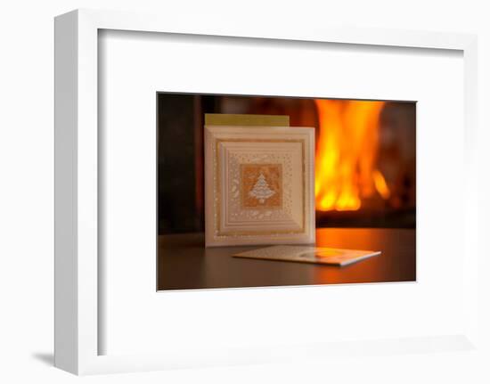 Christmas cards, fireplace with fire on background-Paivi Vikstrom-Framed Photographic Print