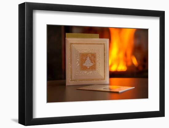 Christmas cards, fireplace with fire on background-Paivi Vikstrom-Framed Photographic Print