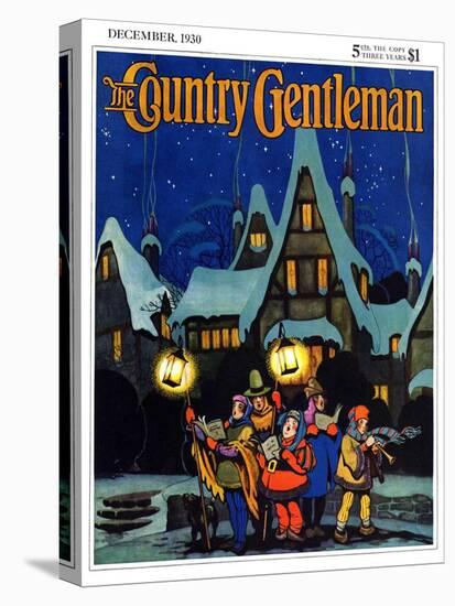 "Christmas Carolling in Village at Night," Country Gentleman Cover, December 1, 1930-Nelson Grofe-Stretched Canvas