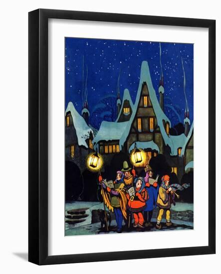 "Christmas Carolling in Village at Night,"December 1, 1930-Nelson Grofe-Framed Giclee Print