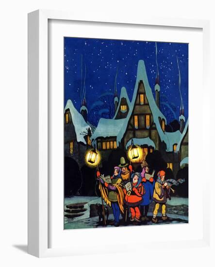 "Christmas Carolling in Village at Night,"December 1, 1930-Nelson Grofe-Framed Giclee Print