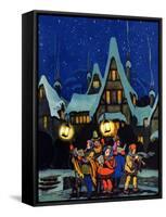 "Christmas Carolling in Village at Night,"December 1, 1930-Nelson Grofe-Framed Stretched Canvas